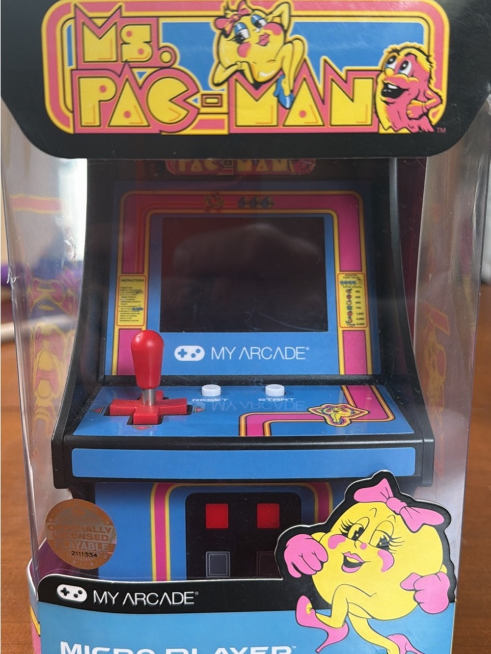 Arcade Ms. Pac-Man Micro Arcade — Blue Cabinet with Red Joystick